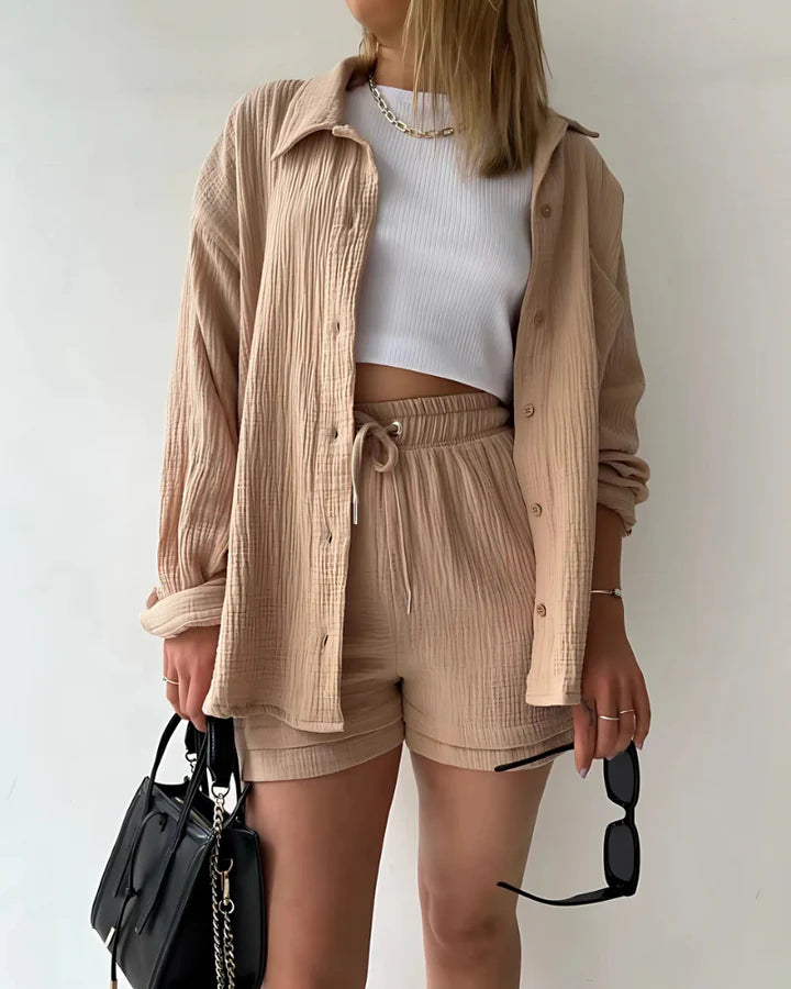 Maylee - Cotton Button-Up Shorts Set