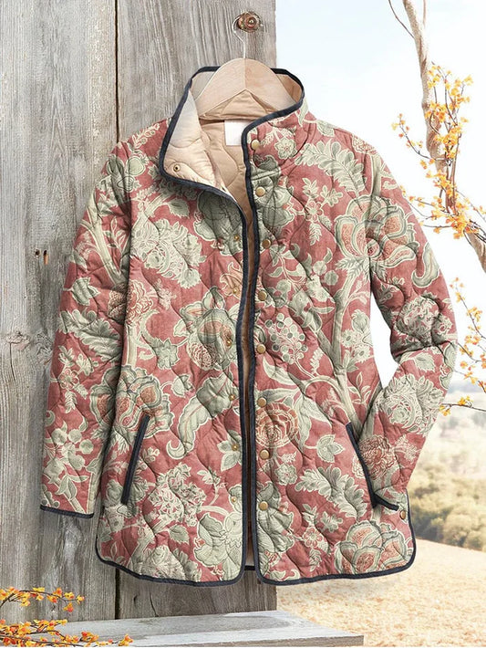Women's Casual Quilted Jacket with Vintage Floral Print