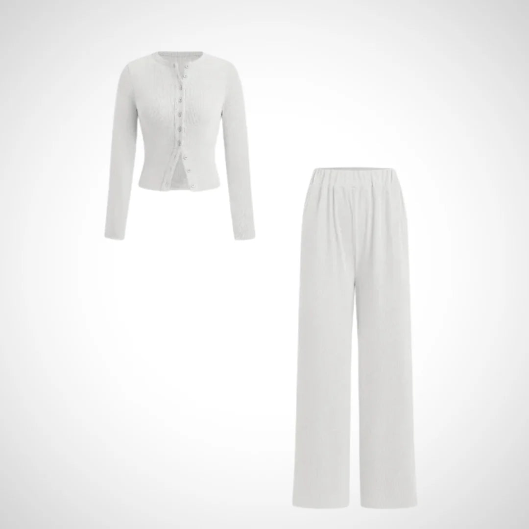 COLY™ - Comfy Button Front Long Sleeve Top and Pants Set