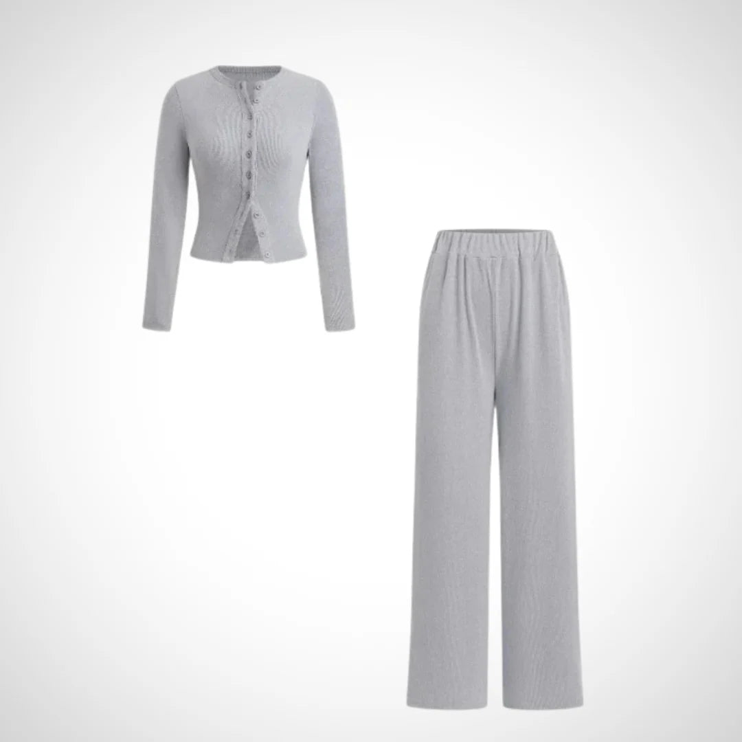 COLY™ - Comfy Button Front Long Sleeve Top and Pants Set