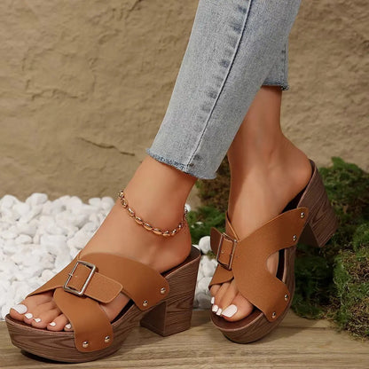 NYLARA | BUCKLED WOOD-LOOK HEEL SANDALS