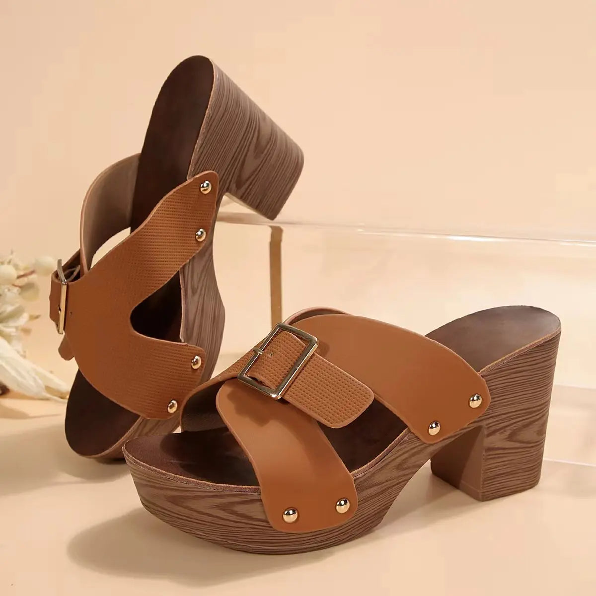 NYLARA | BUCKLED WOOD-LOOK HEEL SANDALS