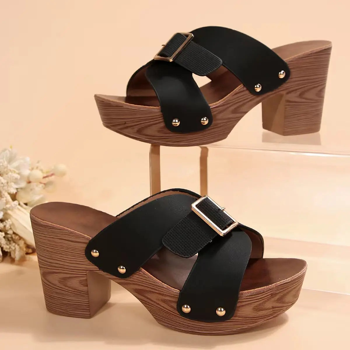 NYLARA | BUCKLED WOOD-LOOK HEEL SANDALS