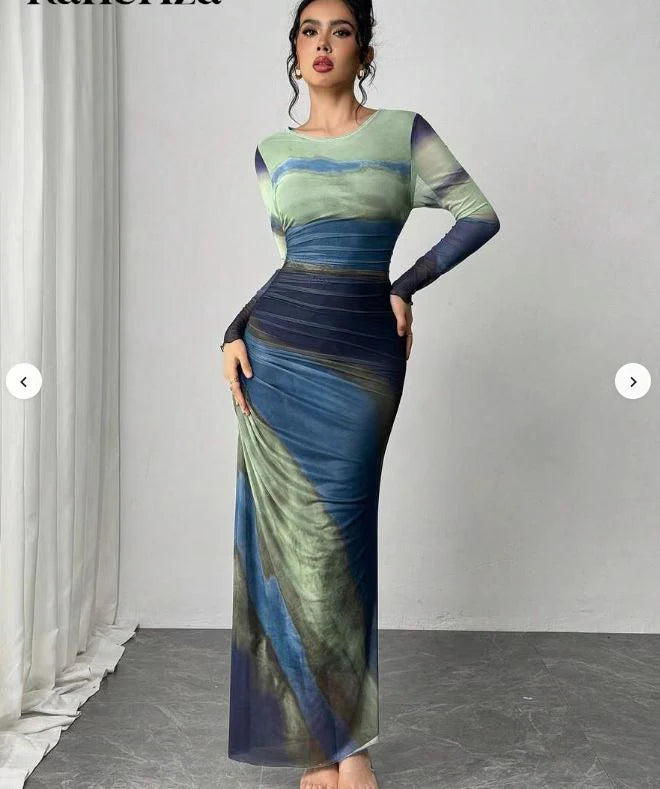 TORINA™ - Comfy Printed Long Sleeve Round Neck Bodycon Maxi Dress