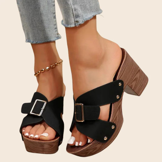 NYLARA | BUCKLED WOOD-LOOK HEEL SANDALS