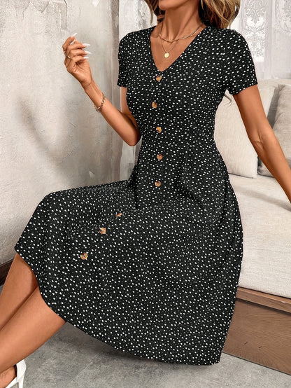Noir – Black Floral V-Neck Button Dress