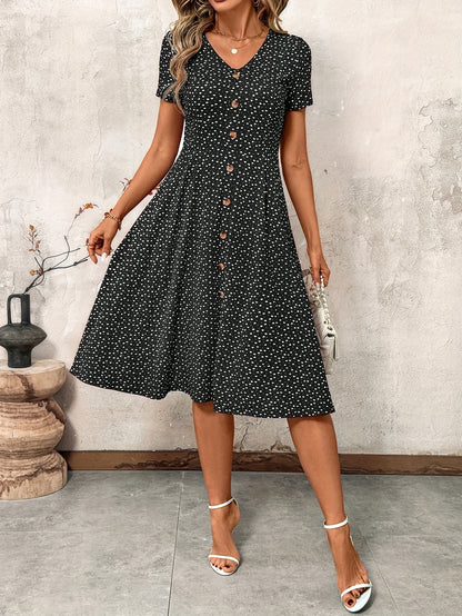 Noir – Black Floral V-Neck Button Dress